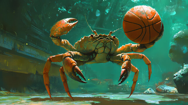 Sporty crab chronicles: a basketball-playing crustacean in vivid green setting. Chronicle. Illustration