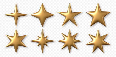 3D golden star. Christmas stars of various glossy shiny shapes. Realistic 3d metallic gold element with drop shadows. Vector trophy star isolated set.