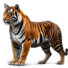 Fototapeta premium Tiger isolated on a white background, Side view, tiger standing full HD image generated by Ai. full body, realistic, full detail looking at the camera.