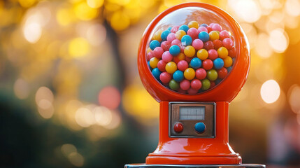 vintage gumball machine filled with colorful candies symbolizes nostalgia, childhood joy, and a...