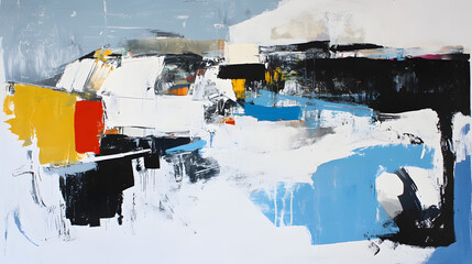 Abstract painting with bold strokes of white, black, blue, red, and yellow.  A dynamic composition with layered textures and a sense of movement.