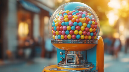 vintage gumball machine filled with colorful candies symbolizes nostalgia, childhood joy, and a sense of whimsy, evoking memories of simpler times and the fun of choosing a sweet treat