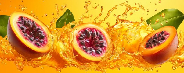 Passionfruit juice splash with seeds and fruit halves, exotic banner design for juice products