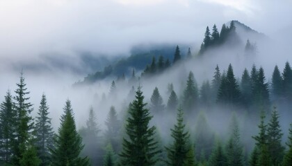Morning fog gradually envelops a lush coniferous forest on the mountain slopes