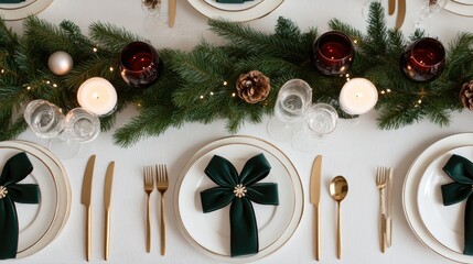 An inviting holiday dining setup features two elegantly arranged place settings with velvet bow ties, candles, and a decorative garland. The warm ambiance creates a festive atmosphere.
