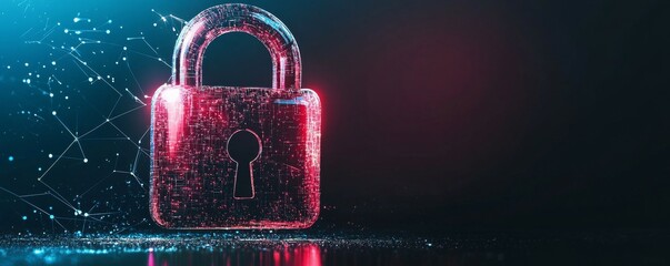 Red holographic lock icon with warning alert, digital security, cyber access restriction