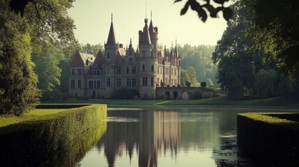 Obraz premium Majestic Castle Reflecting on Tranquil Lake Surrounded by Nature