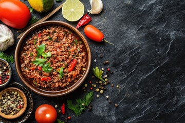 Homemade ground meat with ingredients in a bowl on a dark stone surface Overhead view