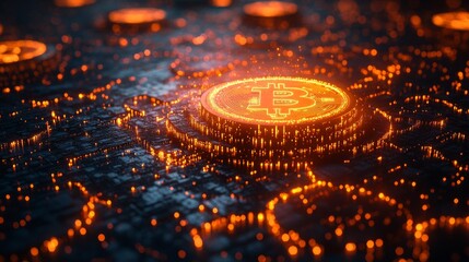 Illuminated Bitcoin coins on a digital network background at a fintech startup innovation event
