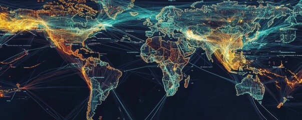 Satellite view of cargo ship routes with digital data overlays, international trade, techenhanced tracking