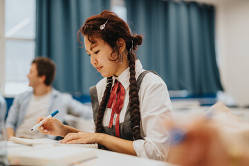 A dedicated student writing notes with concentration in a classroom. The setting captures an...