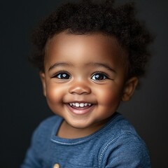 Stunning high resolution photos of an African American toddler with a happy expression, in a casual setting. Art session
