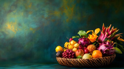 Naklejka premium Exotic Tropical Fruits In A Woven Basket
