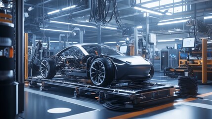 Fototapeta premium Electric Vehicle Manufacturing, showcasing advanced assembly lines with cutting-edge machinery and components, illustrating the innovative production process in the automotive sector.