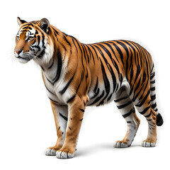 Obraz premium Tiger isolated on a white background, Side view, tiger standing full HD image generated by Ai. full body, realistic, full detail looking at the camera.