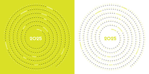 Calendrier 2025 en Français, Design Créatif, Forme Spirale, Coloré et Modifiable, Couleur jaune