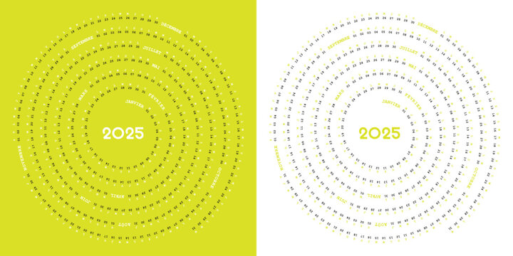 Calendrier 2025 en Fran&ccedil;ais, Design Cr&eacute;atif, Forme Spirale, Color&eacute; et Modifiable, Couleur jaune