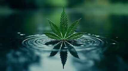 Obraz premium Cannabis leaf floating on calm water, reflecting perfectly.