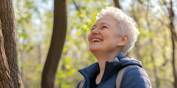 Senior woman with gray hair laughing in a forest, enjoying a sunny day surrounded by nature
