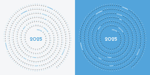 Calendrier 2025 en Français, Design Créatif, Forme Spirale, Coloré et Modifiable, Couleur bleu