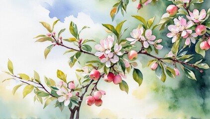 Blossoms of spring awaken with vibrant colors in a watercolor illustration filled with fresh life and renewal