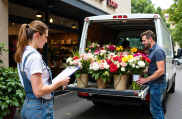 A woman checks a clipboard while a man unloads colorful flower bouquets from a van outside a shop. Outdoor setting, teamwork and delivery concept