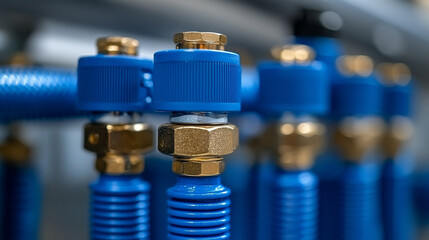 Close-up view of industrial pneumatic tools connected to a compressed air system with visible hoses and valves showcasing mechanical precision utility and the dynamics of industrial operations