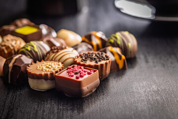 Mix of chocolate pralines on black table.