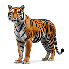 Obraz premium Tiger isolated on a white background, Side view, tiger standing full HD image generated by Ai. full body, realistic, full detail looking at the camera.