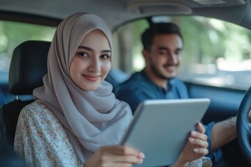 Fototapeta premium Muslim woman in hijab guides husband using digital map.
