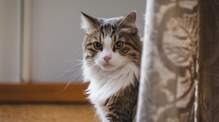 A cat with long white fur is sitting on a table. The cat is looking at the camera with a curious expression