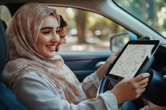 Muslim woman in hijab guides husband using digital map. - Powered by Adobe