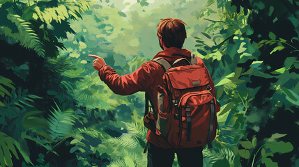 Explorer with backpack observes nature in lush green forest, pointing towards distant area. adventure in the great outdoors and wilderness. Chronicle. Illustration