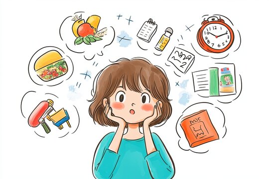 Thoughts swirling around a young girl contemplating her daily tasks and choices at midday in a colorful illustration. Generative AI