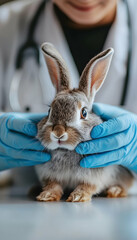 A veterinarian carefully examining a rabbit in a laboratory setting, preparing for its vaccination with care and precision.  -