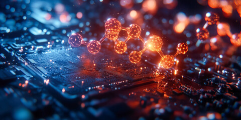 Digital representation of molecular structures glowing above a microchip, showcasing futuristic nanotechnology, innovation, and advanced scientific research