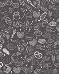 bakery pattern wallpaper or background featuring a assortment of fresh pastries and baking tools	