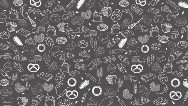 bakery pattern wallpaper or background featuring a assortment of fresh pastries and baking tools	