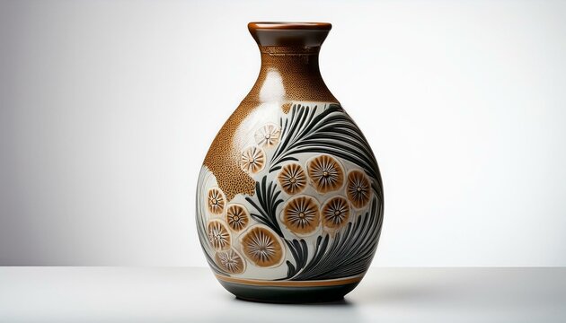 Elegant ceramic vase with intricate floral design. Brown, beige, and black color palette.