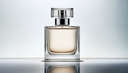 Elegant perfume bottle with a light beige fragrance, showcased against a neutral backdrop.