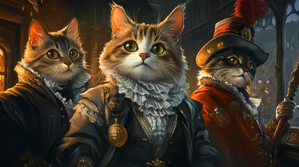 Renaissance feline chronicles, whimsical cats dressed in renaissance attire, set against a dark sci-fi fantasy backdrop, blending horror and whimsy for graphic novel appeal. Chronicle. Illustration