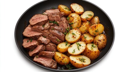 Succulent grilled steak rests alongside perfectly roasted baby potatoes, both seasoned with herbs, creating a delightful culinary experience ideal for dinner.