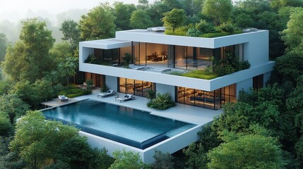 Fototapeta premium Modern house with pool in lush greenery.