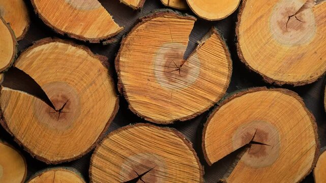 Cross-section of a apple tree trunks, close up, top view, rotates
