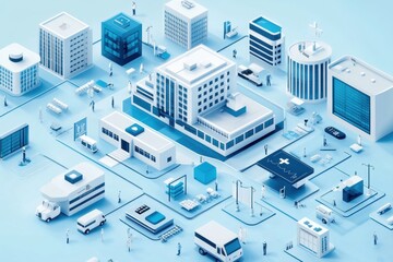 Isometric view of a connected healthcare network with hospitals, ambulances, and clinics illustrating modern medical infrastructure and urban health design.
