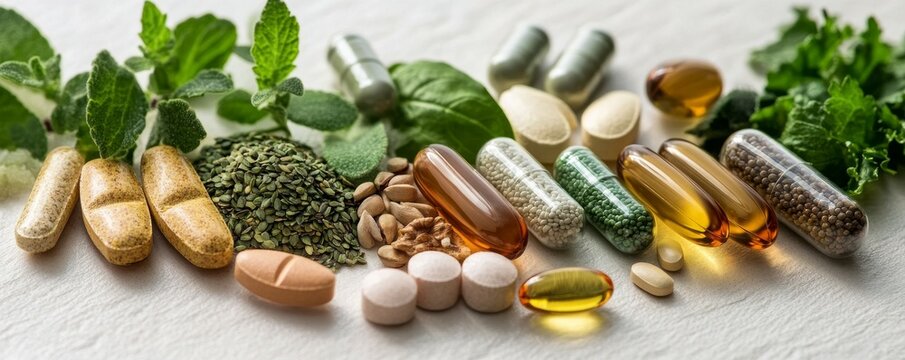 Topdown view of assorted vitamins and minerals with leafy greens, nuts, and seeds, wholefood inspired health focus