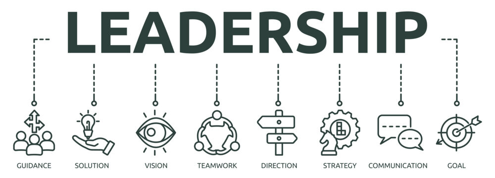 Printleadership outline banner icon of guidance, solution, vision, teamwork, direction, strategy, communication, goal