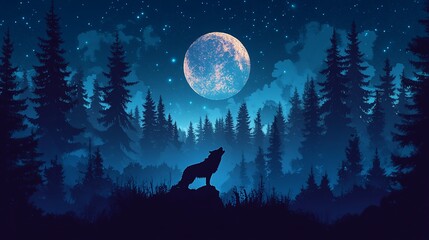 Fototapeta premium Wolf howling at a large full moon in a dark forest at night.