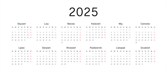 calendar 2025 in Polish language. Vector 10 eps.