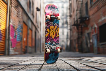Colorful skateboard with graffiti art stands on a wooden walkway in a grungy urban alley, showcasing street style and youth culture